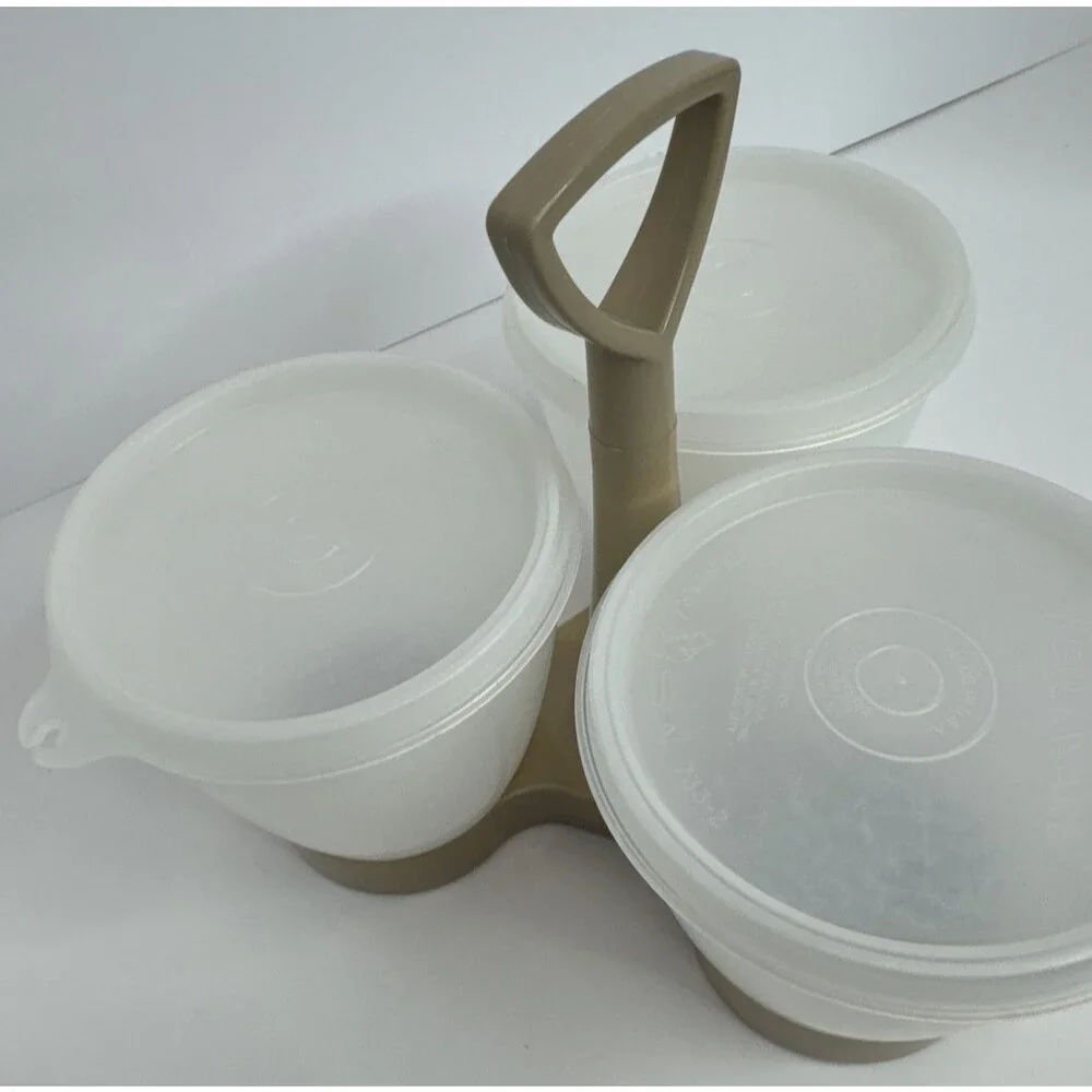 Vintage TUPPERWARE Triple Condiment Serving Caddy Handle Removable Bowls & Lids